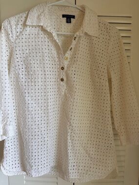 Tommy Hilfiger White Eyelet Blouse with Navy Label